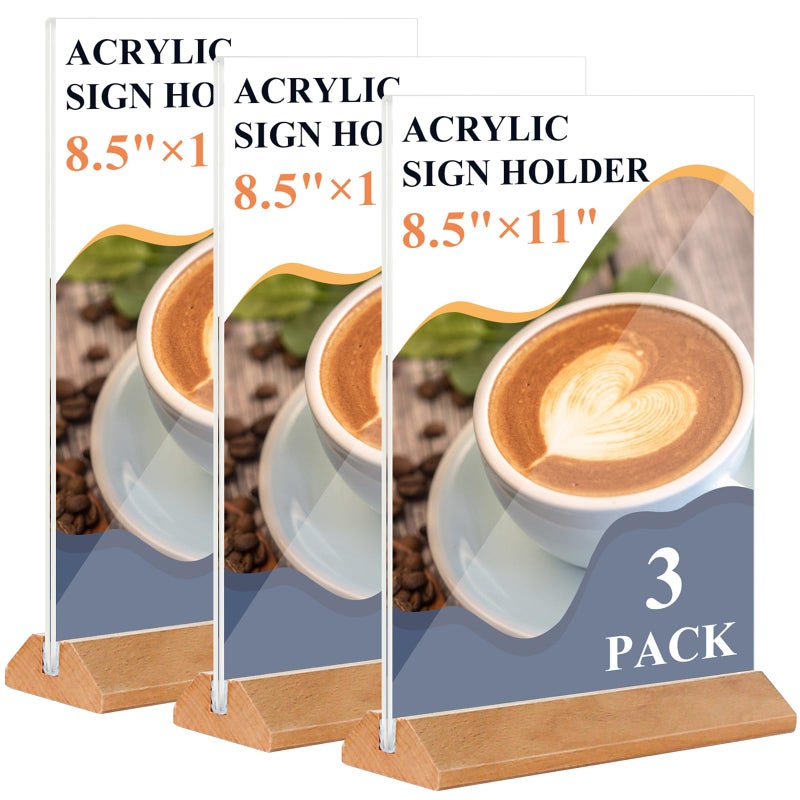 DunGu Acrylic Sign Holder 8.5 x 11 - 3Pack Acrylic Display Stands with Wood Base,Double Sided Picture Frames, Flyer Paper Holder,Small Business Essentials for Wedding,Centerpiece,Restaurants Office Store - Image 1